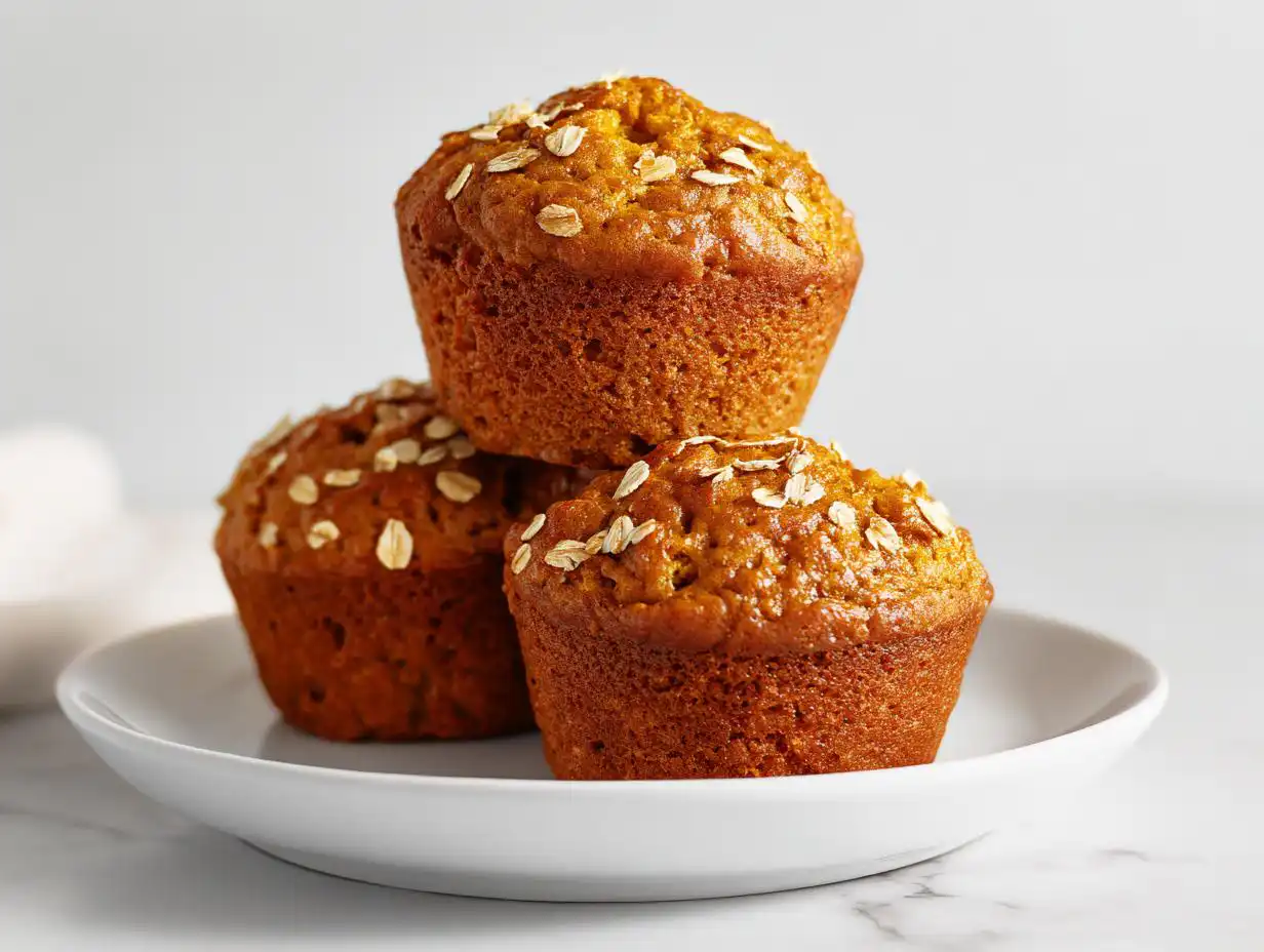 Three golden brown Healthy Banana Breakfast Muffins topped with rolled oats, stacked on a white plate.
