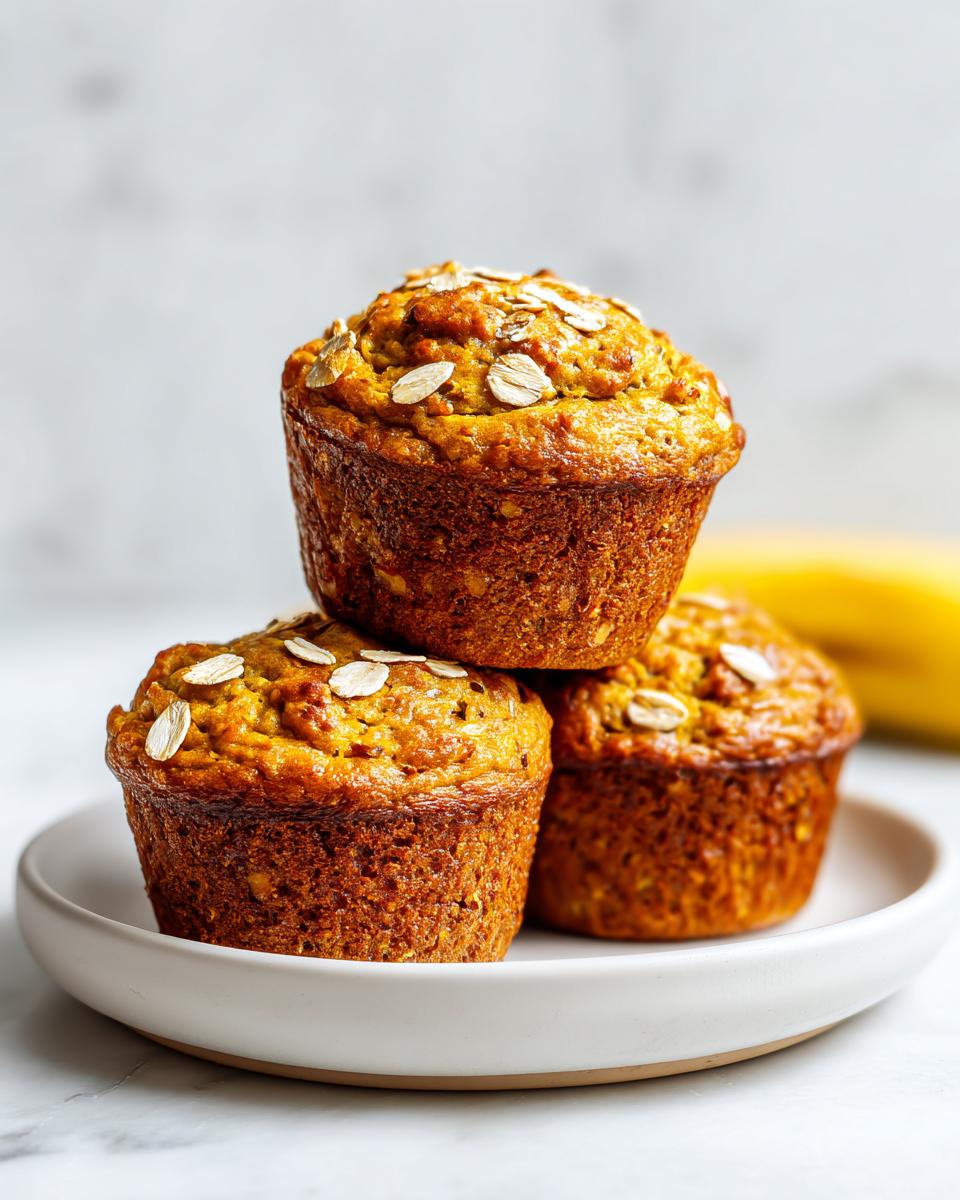 Three golden brown Healthy Banana Breakfast Muffins stacked on a white plate, topped with rolled oats.