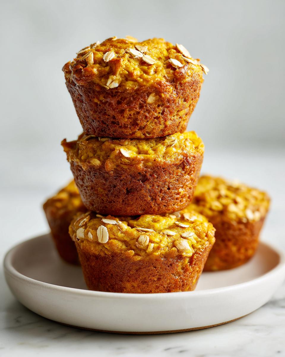 A stack of three golden-brown Healthy Banana Breakfast Muffins topped with rolled oats on a small white plate.
