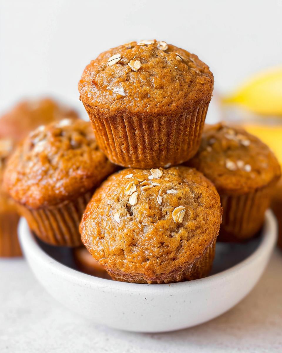 A close-up stack of freshly baked Healthy Banana Muffins topped with rolled oats, served in a white bowl.
