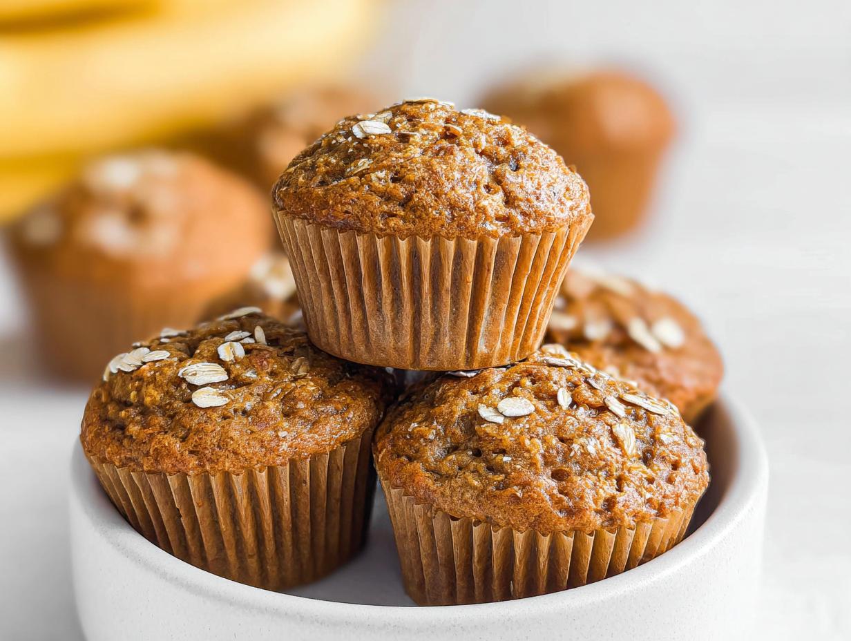 A close-up stack of four freshly baked Healthy Banana Muffins topped with rolled oats, resting in a white bowl.