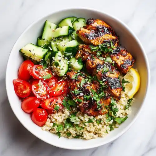 Overhead view of a Healthy Chicken Lunch Bowl featuring glazed chicken, quinoa, cherry tomatoes, and cucumbers.