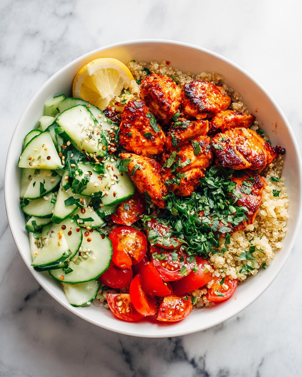 Overhead view of a Healthy Chicken Lunch Bowl featuring seasoned chicken, quinoa, sliced cucumbers, and cherry tomatoes.