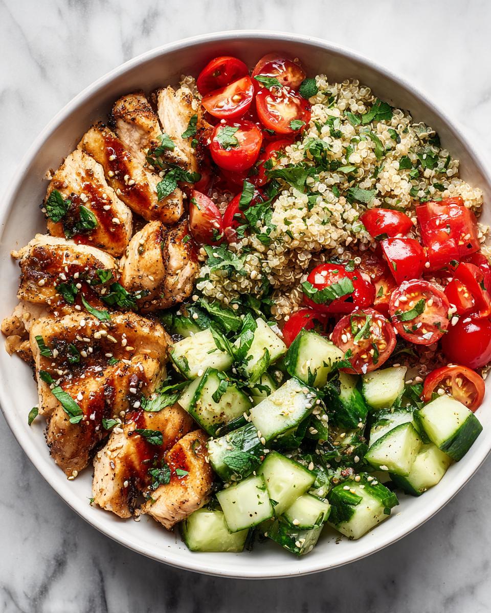 Overhead view of a Healthy Chicken Lunch Bowl featuring sliced seasoned chicken, quinoa, cherry tomatoes, and diced cucumbers.