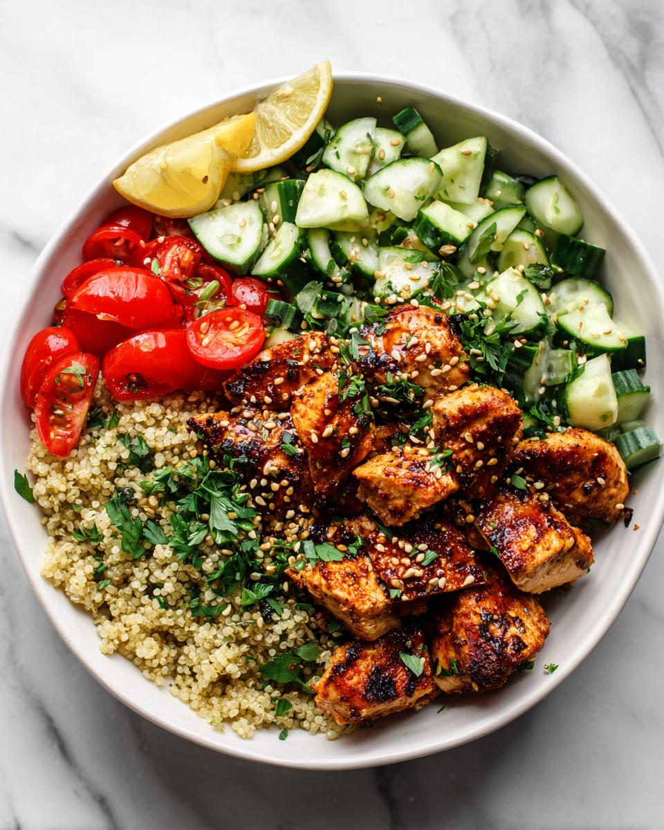 Overhead view of a Healthy Chicken Lunch Bowl featuring grilled chicken pieces, quinoa, chopped cucumbers, cherry tomatoes, and a lemon wedge.