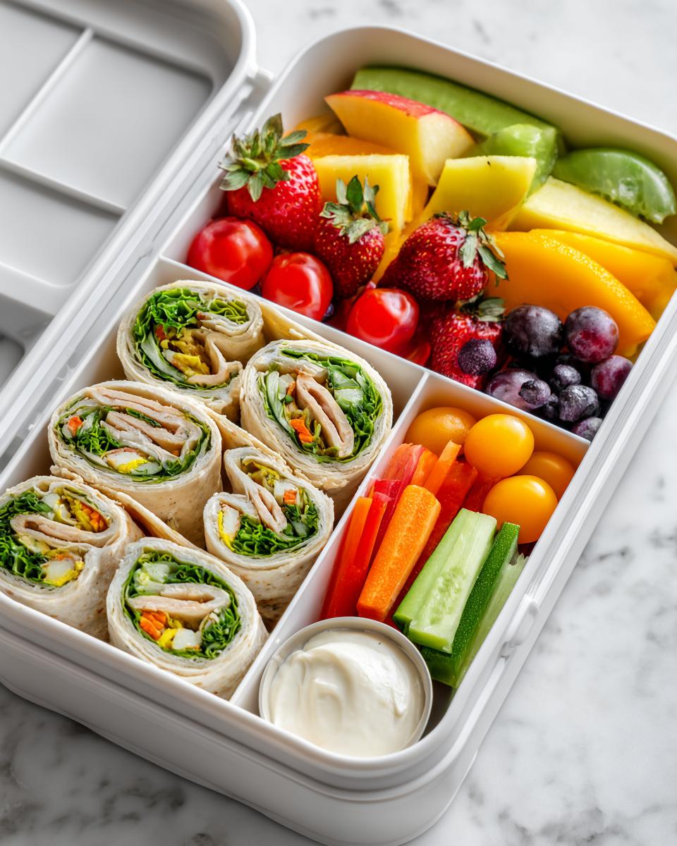 Overhead view of a compartmentalized container filled for a Healthy Picnic Lunch Box, featuring pinwheel wraps, fresh fruit, and veggie sticks.