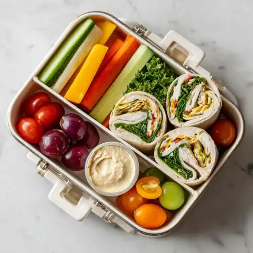 Overhead view of a Healthy Picnic Lunch Box containing turkey wraps, veggie sticks, grapes, tomatoes, and hummus.