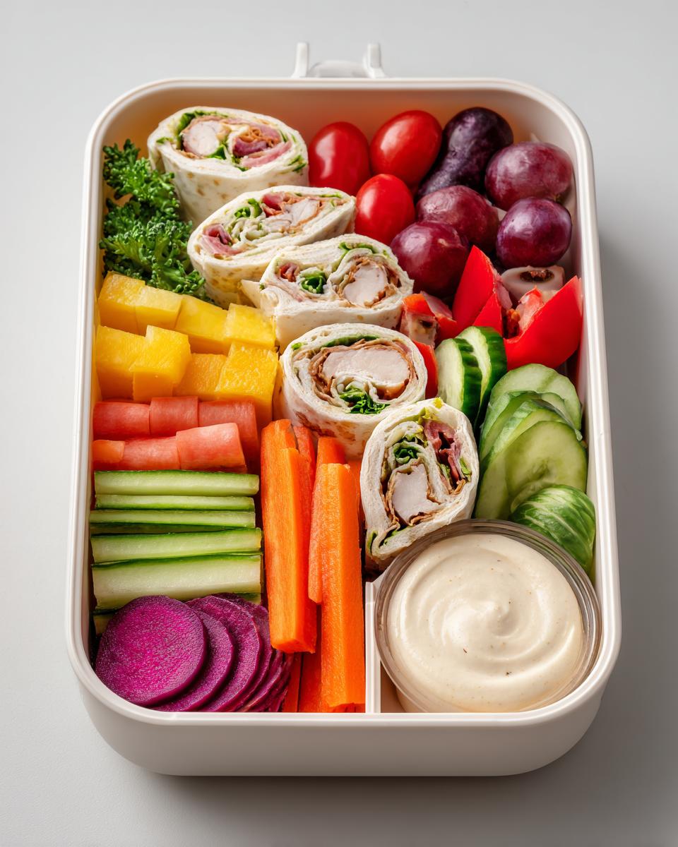 Overhead view of a fully packed Healthy Picnic Lunch Box containing pinwheel wraps, carrots, cucumbers, grapes, and dip.