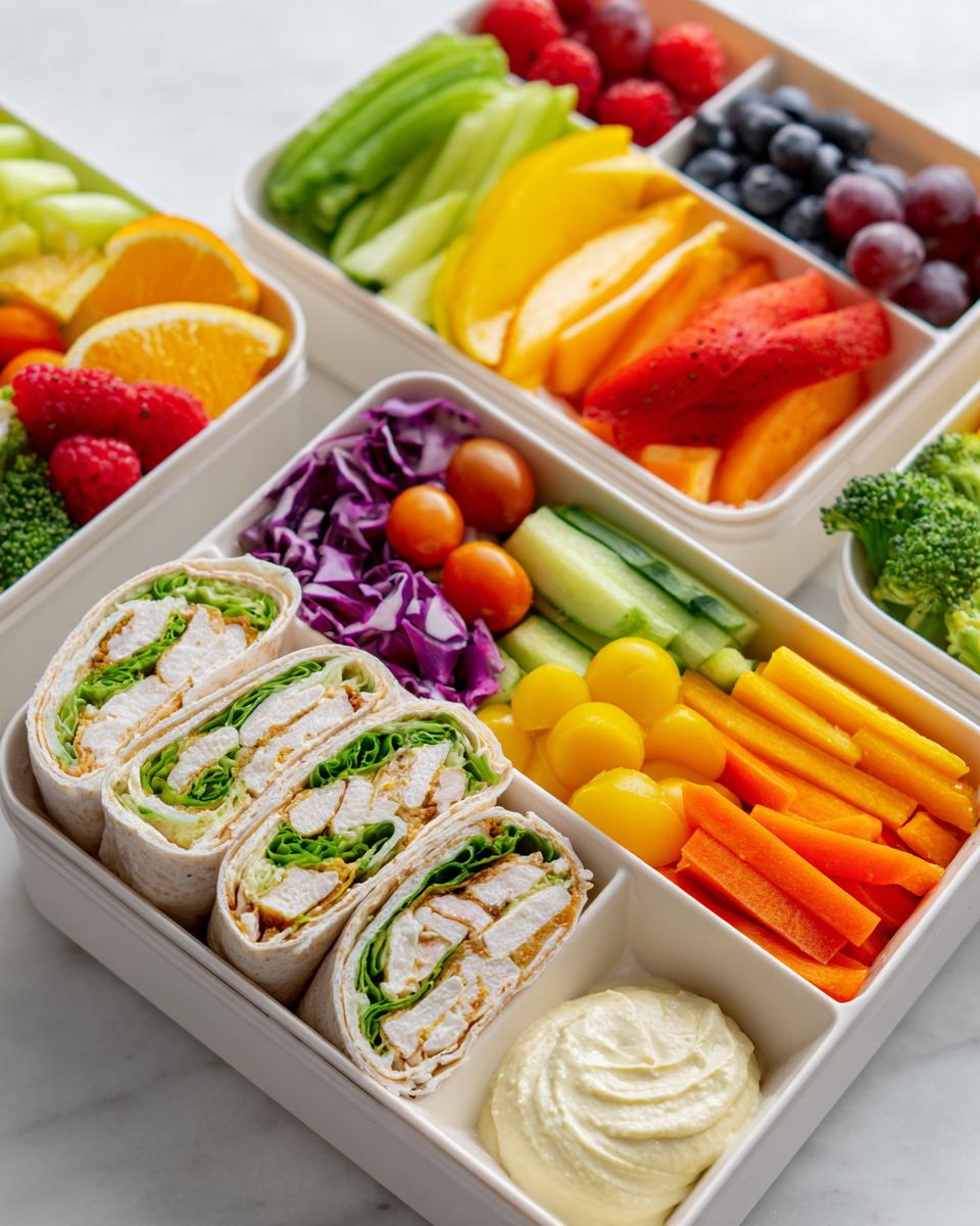 A beautifully arranged Healthy Picnic Lunch Box featuring chicken salad wraps, colorful raw vegetables, and fresh fruit.