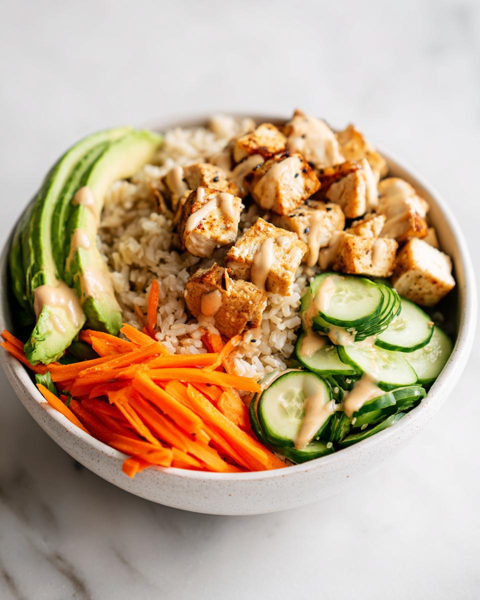 A vibrant Healthy Summer Chicken Bowl featuring brown rice, diced seasoned chicken, sliced avocado, shredded carrots, and cucumbers, drizzled with sauce.
