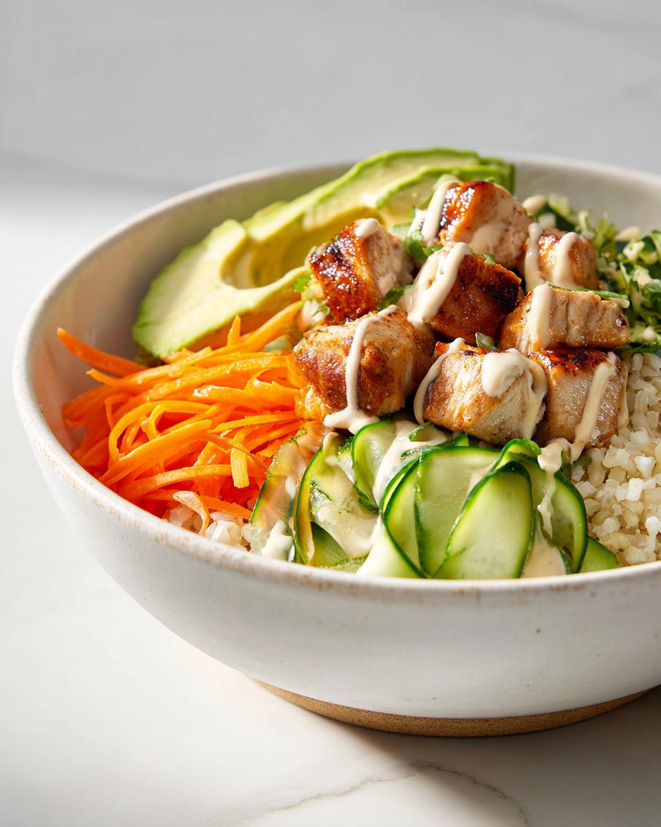 Close-up of a Healthy Summer Chicken Bowl featuring grilled chicken, shredded carrots, cucumber ribbons, avocado, and a creamy drizzle.
