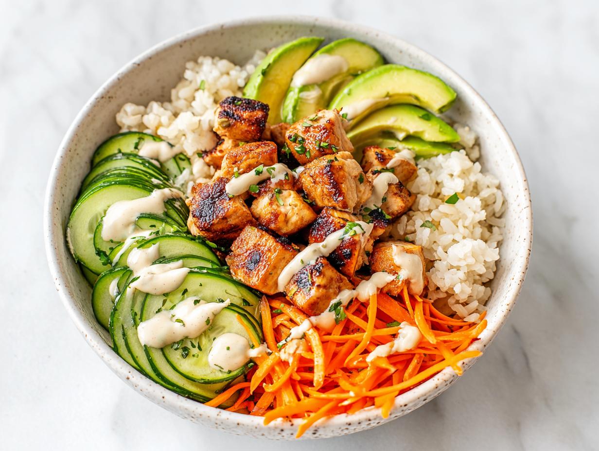 A close-up overhead shot of a Healthy Summer Chicken Bowl featuring grilled chicken, brown rice, sliced cucumber, shredded carrots, avocado, and a creamy dressing.