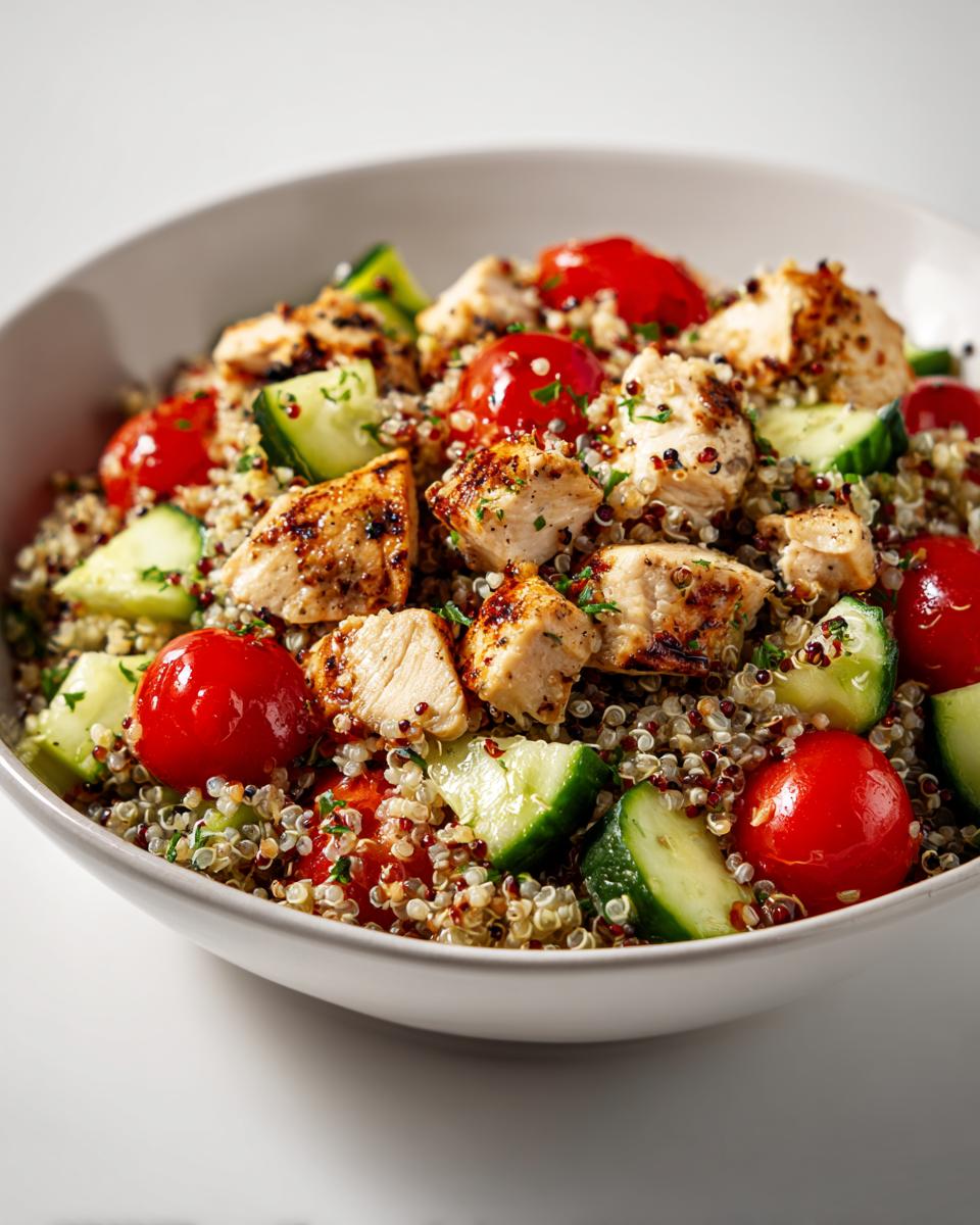 Close-up of a bowl containing Healthy Summer Chicken Lunch with grilled chicken, quinoa, cherry tomatoes, and cucumber chunks.