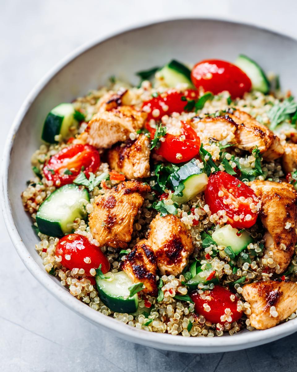 Close-up of a bowl containing Healthy Summer Chicken Lunch with grilled chicken pieces, quinoa, cherry tomatoes, and cucumber slices.