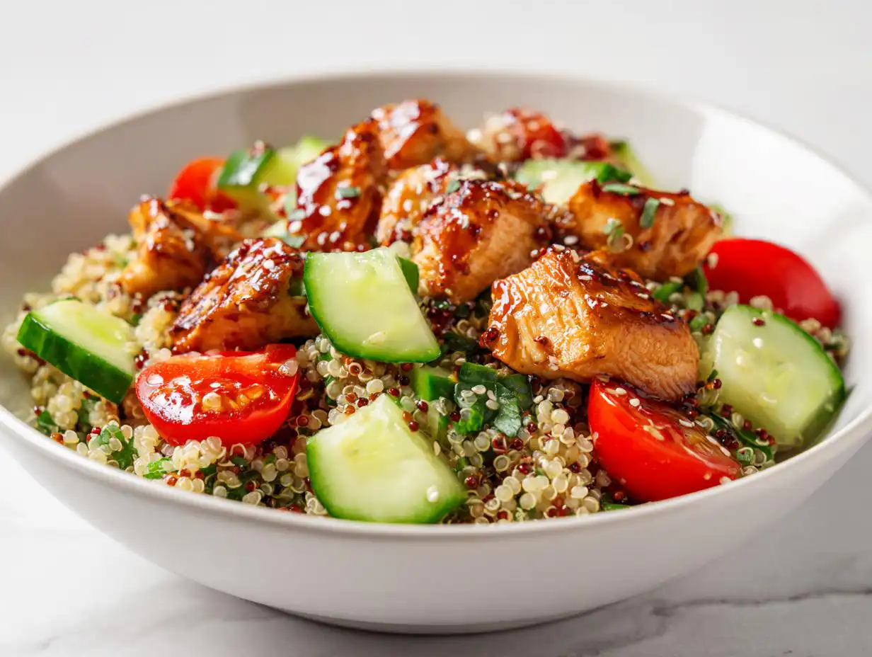 Close-up of a bowl containing a Healthy Summer Chicken Lunch with glazed chicken pieces over quinoa, cucumbers, and cherry tomatoes.