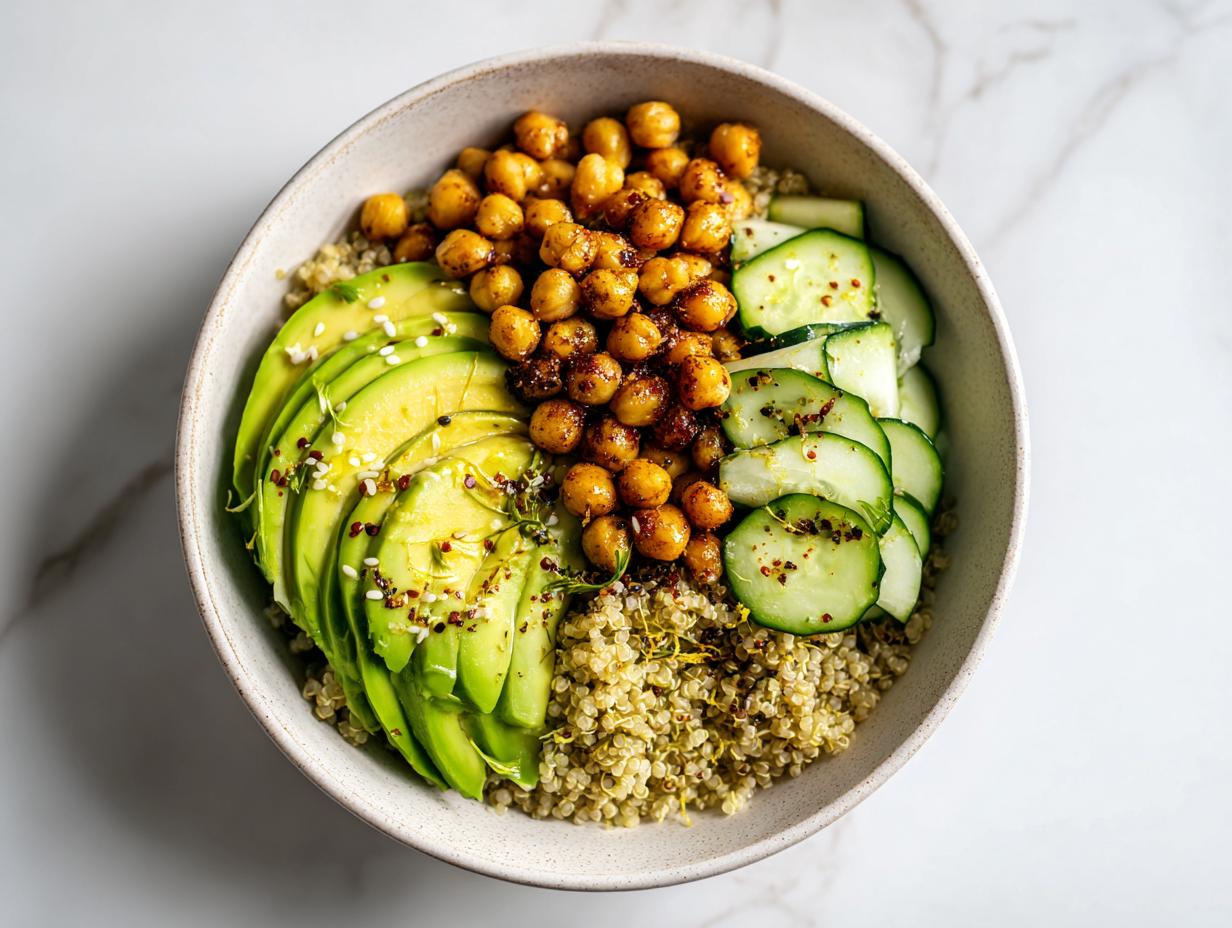 Overhead view of a vibrant Healthy Summer Lunch Bowl featuring quinoa, sliced avocado, roasted chickpeas, and cucumber.