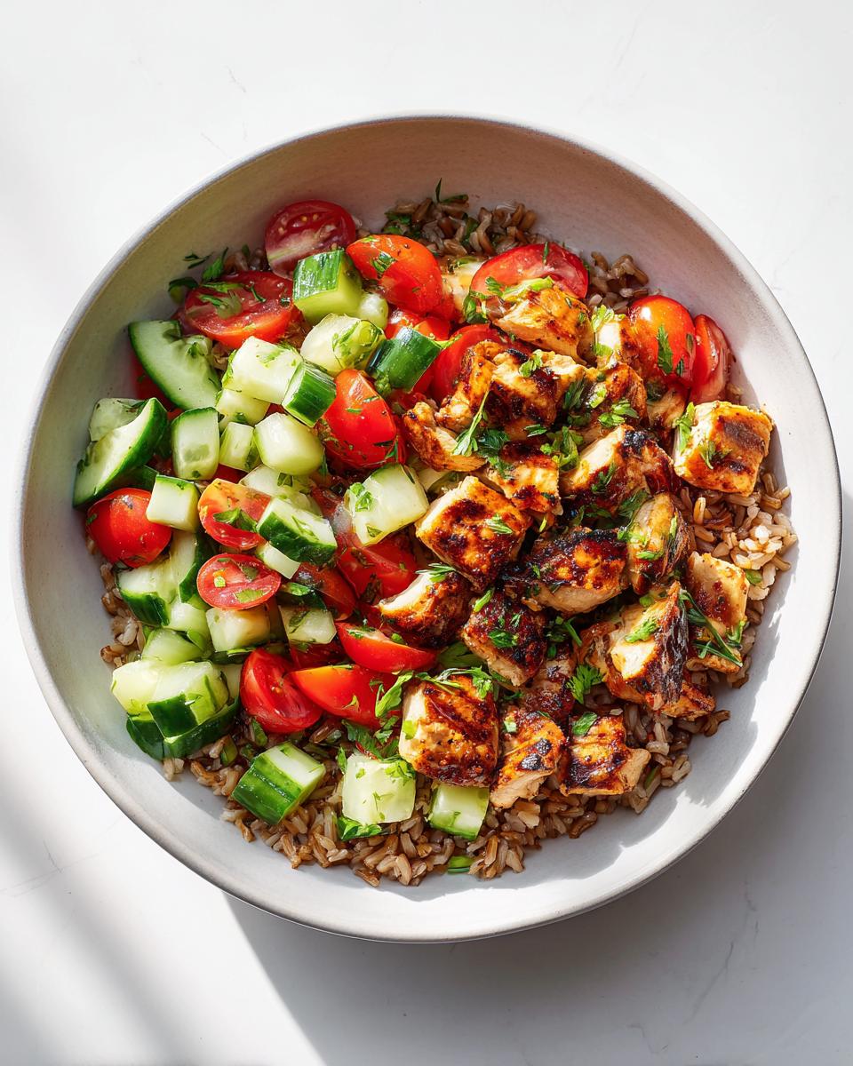Overhead view of a grain bowl featuring grilled chicken, chopped cucumbers, cherry tomatoes, and brown rice—a perfect example of Healthy Summer Lunch Ideas.