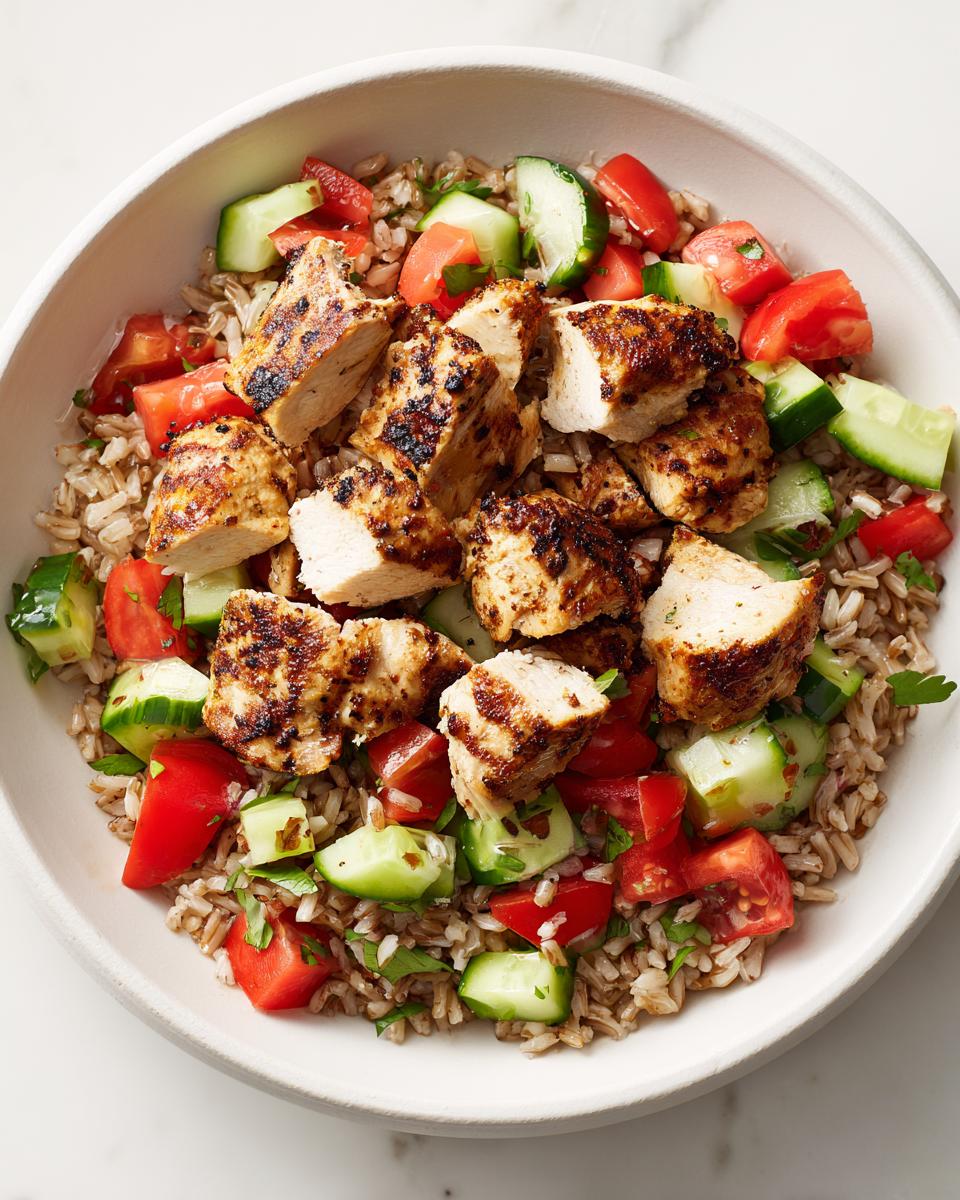 Close-up of a bowl containing grilled chicken pieces over brown rice with chopped tomatoes and cucumbers, a great example of Healthy Summer Lunch Ideas.