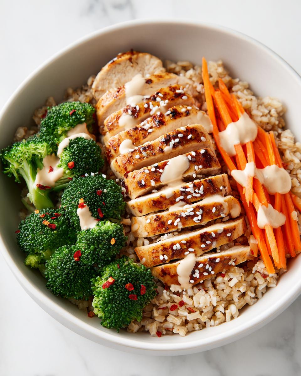 Close-up of a Healthy Summer Protein Bowl featuring sliced grilled chicken, brown rice, broccoli, and carrots with a creamy dressing.