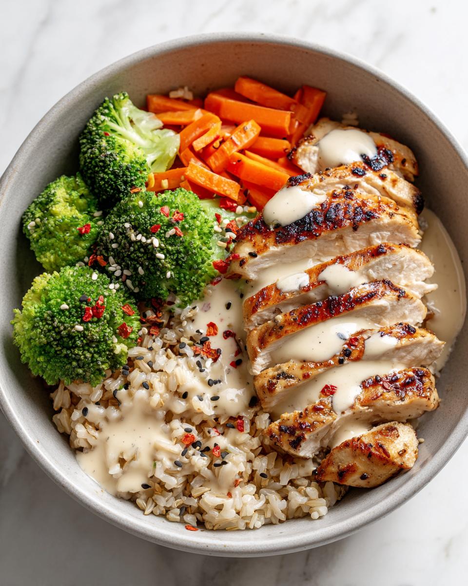 Overhead view of a Healthy Summer Protein Bowl featuring sliced grilled chicken, brown rice, broccoli, carrots, and creamy dressing.