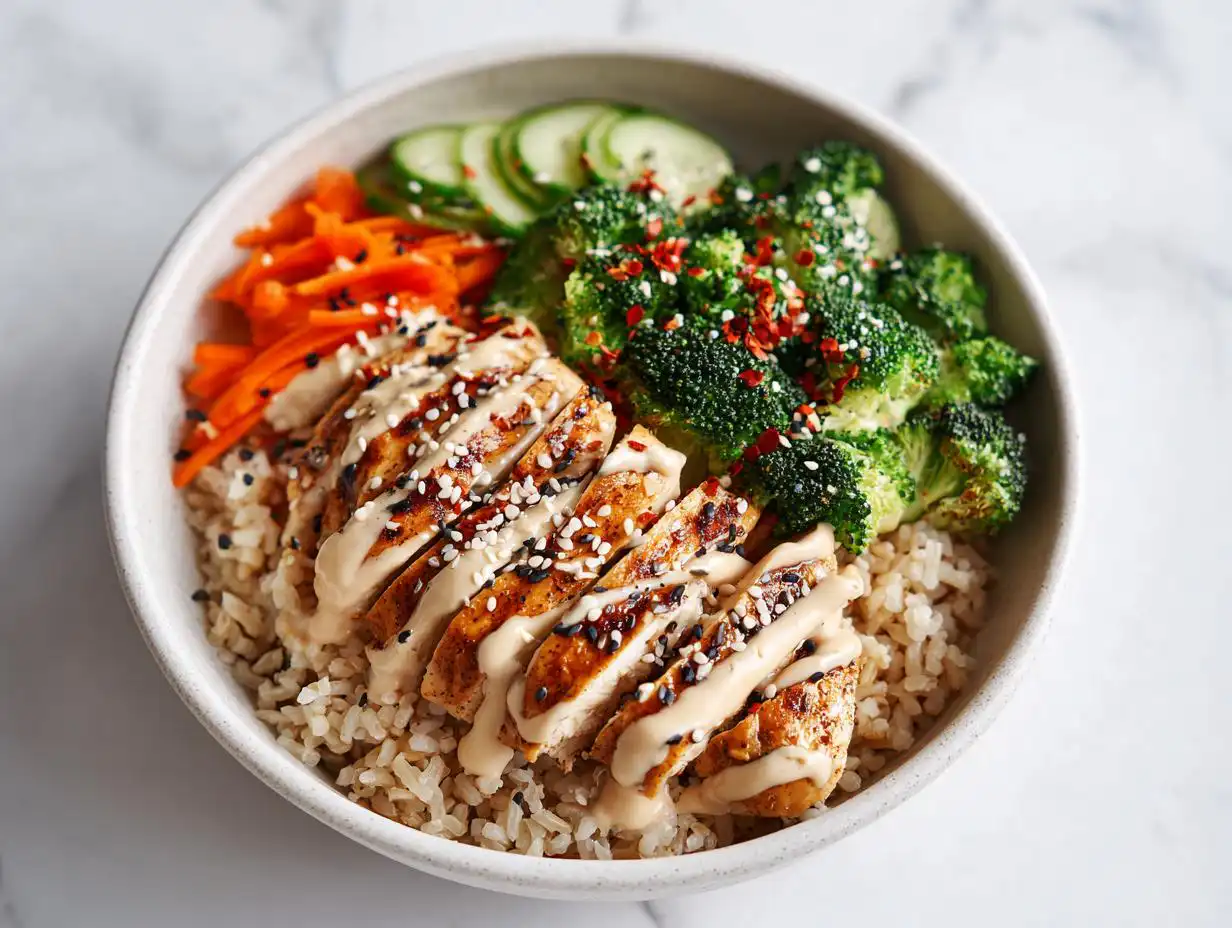 A vibrant Healthy Summer Protein Bowl featuring sliced grilled chicken over brown rice, topped with creamy sauce, sesame seeds, broccoli, carrots, and cucumber.
