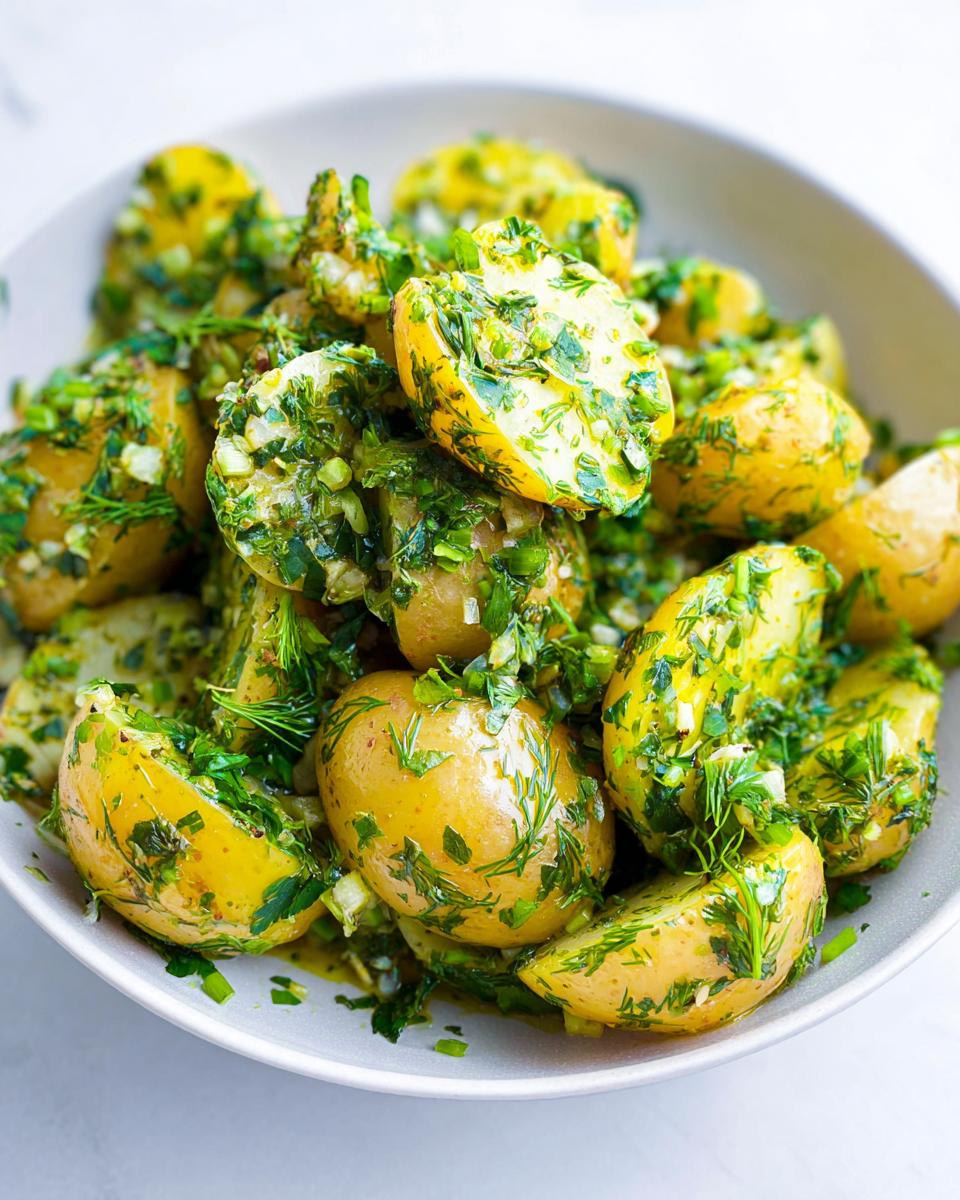 Close-up of vibrant Herb Potato Salad with Olive Oil, featuring halved yellow potatoes generously coated in fresh green herbs.