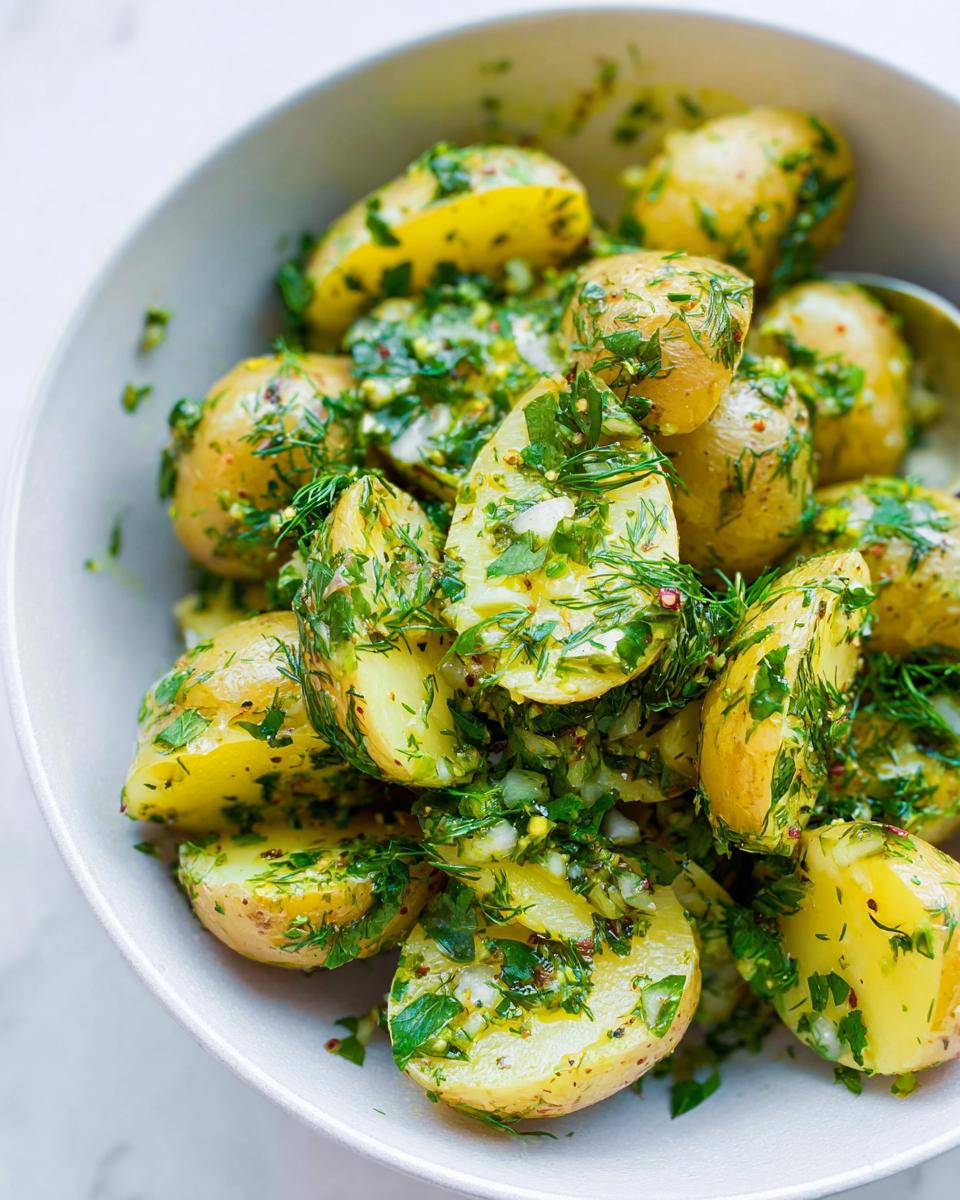 Close-up of vibrant Herb Potato Salad with Olive Oil, featuring halved yellow potatoes tossed with fresh dill and parsley.