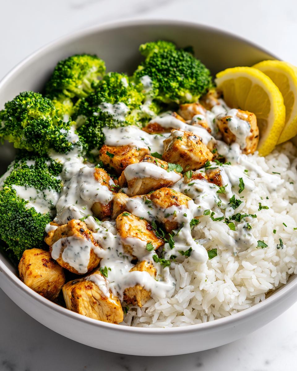 Close-up of a High Protein Chicken Bowl Meal Prep featuring seasoned chicken cubes, white rice, steamed broccoli, and a creamy herb sauce.
