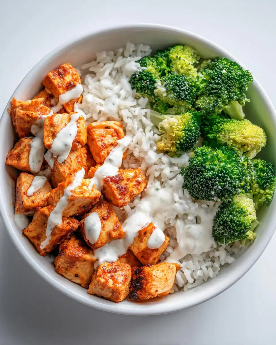 Overhead view of a High Protein Chicken Bowl Meal Prep featuring seasoned chicken cubes, white rice, steamed broccoli, and a creamy white sauce.