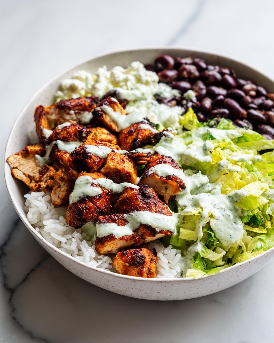 Close-up of a High Protein Chicken Taco Bowl featuring seasoned chicken, rice, black beans, lettuce, and a creamy green sauce.