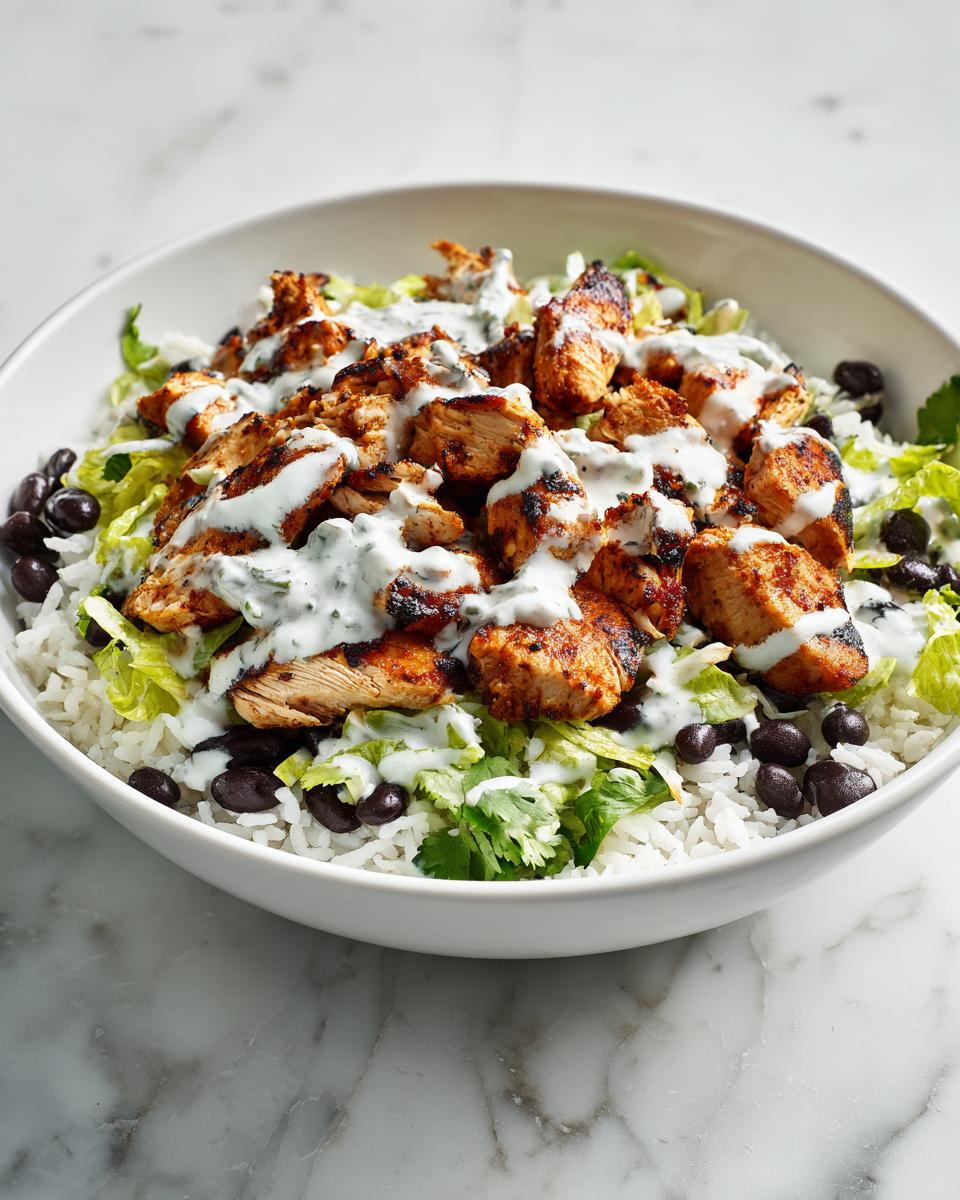 Close-up of a High Protein Chicken Taco Bowl with rice, black beans, lettuce, and creamy cilantro sauce.