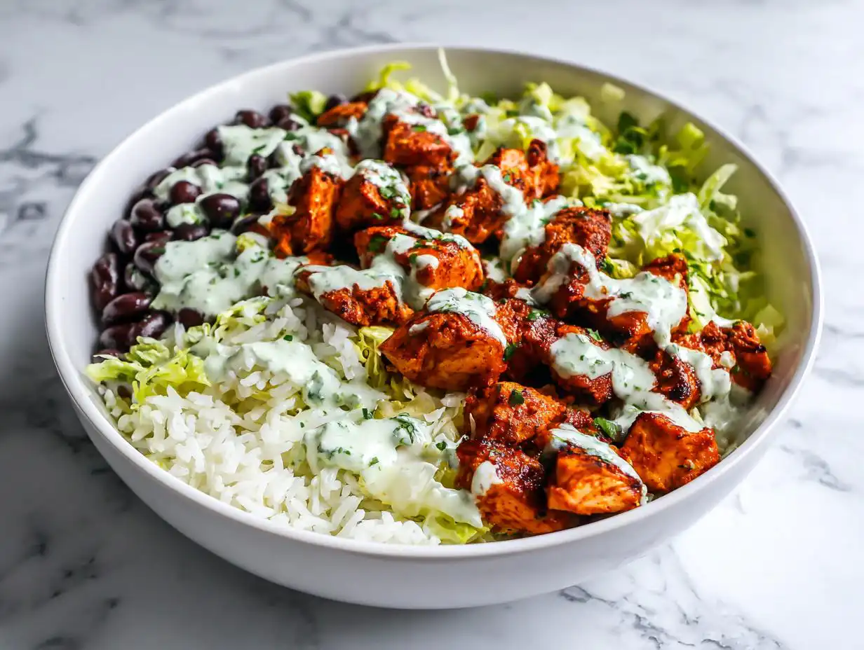 A vibrant High Protein Chicken Taco Bowl featuring seasoned chicken, rice, black beans, lettuce, and a creamy green sauce.