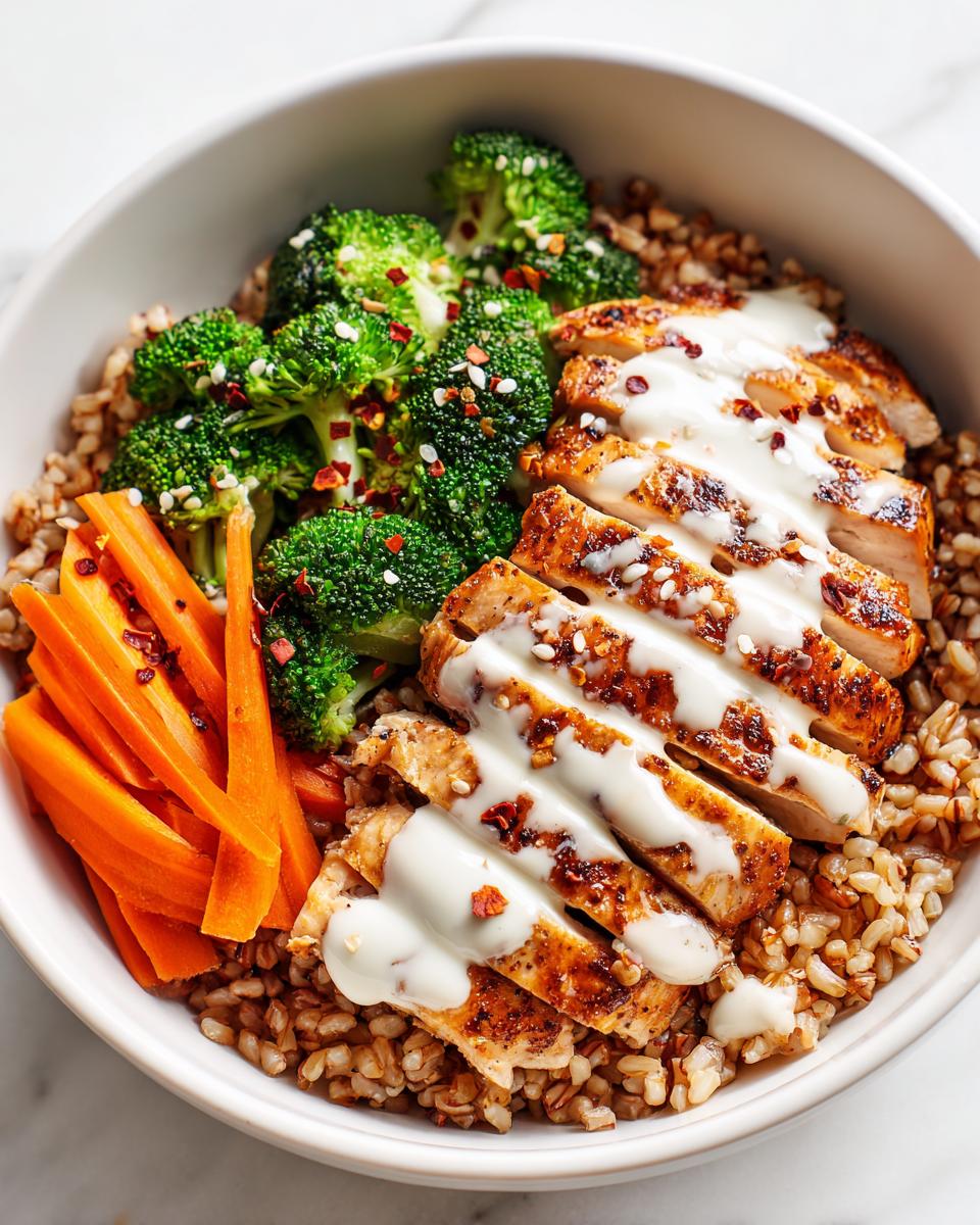 Close-up of a High Protein Summer Chicken Bowl featuring sliced grilled chicken, brown rice, broccoli, and carrots with a white sauce.