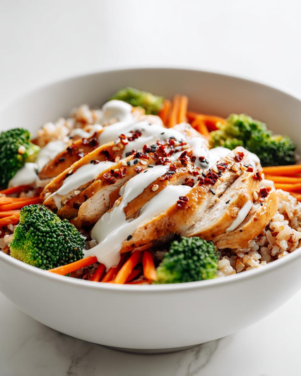 Close-up of a High Protein Summer Chicken Bowl featuring sliced grilled chicken, brown rice, broccoli, carrots, and white sauce.