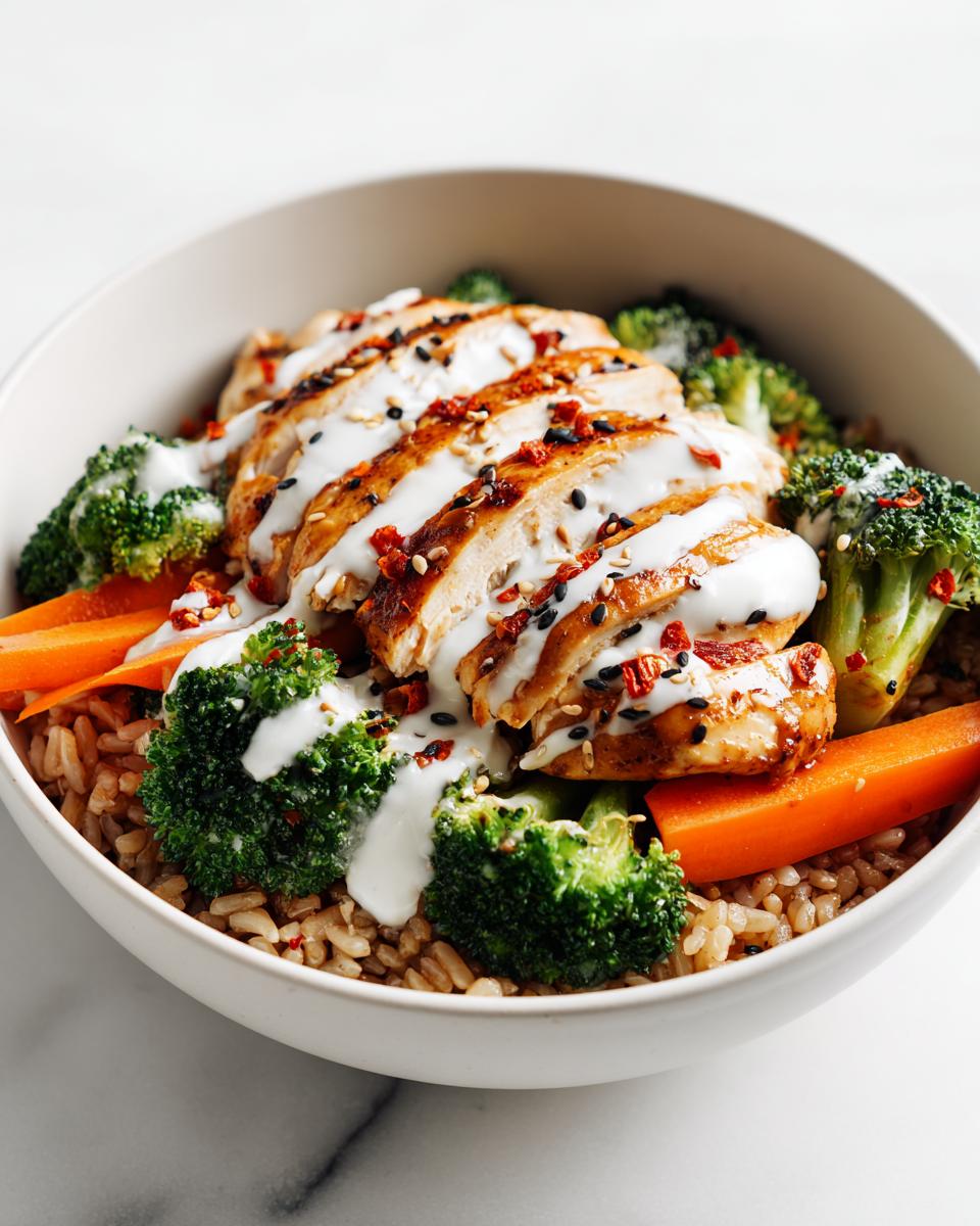 Close-up of a High Protein Summer Chicken Bowl featuring sliced grilled chicken, broccoli, carrots, brown rice, and a white sauce drizzle.