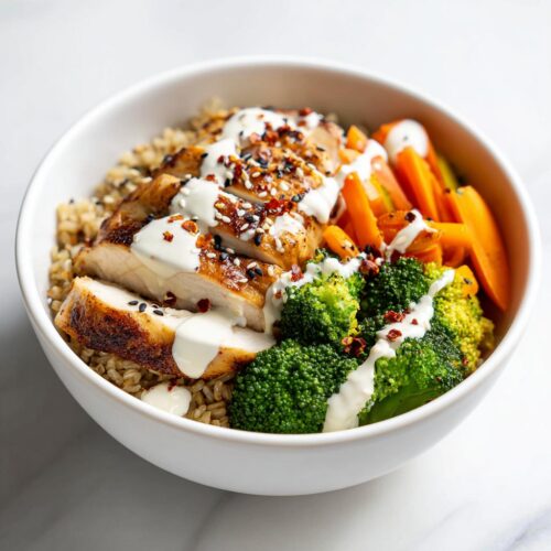 Close-up of a High Protein Summer Chicken Bowl featuring sliced grilled chicken, brown rice, broccoli, carrots, and white sauce.