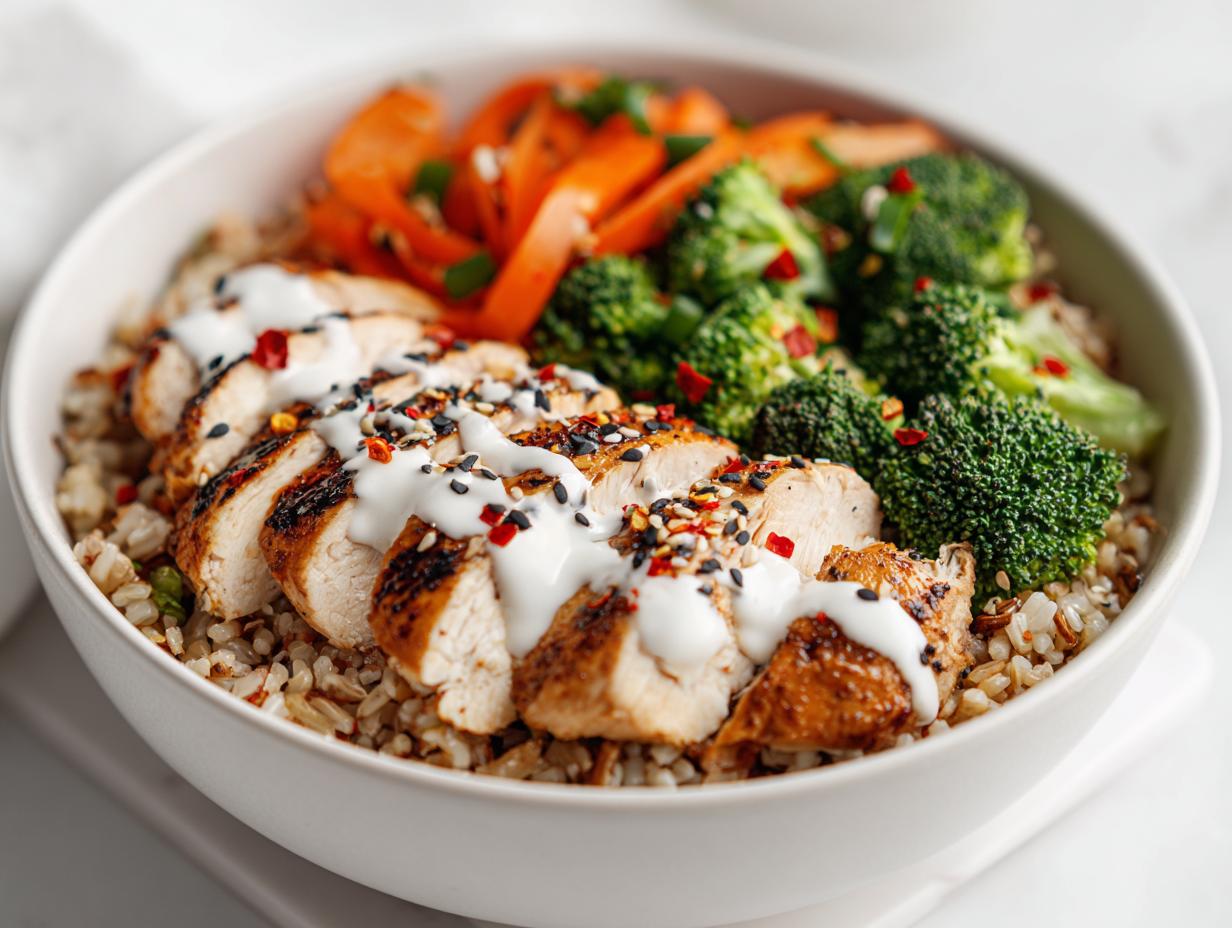 Close-up of a High Protein Summer Chicken Bowl featuring sliced grilled chicken, brown rice, broccoli, carrots, and white sauce.