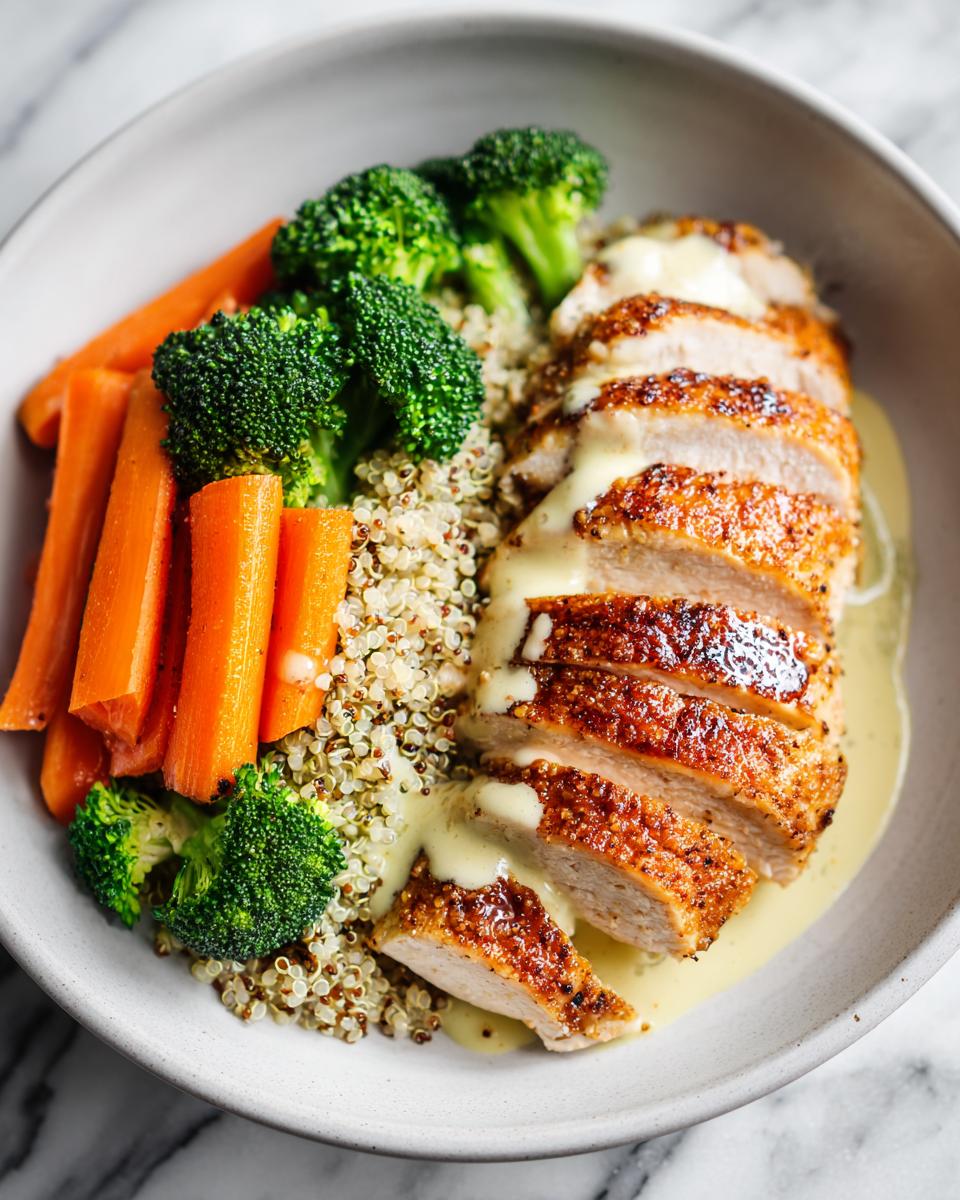 Sliced, seared chicken breast drizzled with sauce, served over quinoa with steamed carrots and broccoli for a High Protein Summer Chicken Dinner.