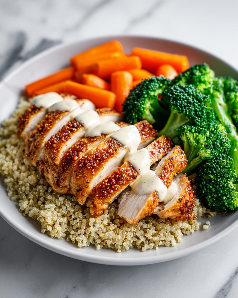 Sliced, seasoned chicken breast drizzled with sauce, served over quinoa with steamed broccoli and carrots for a High Protein Summer Chicken Dinner.
