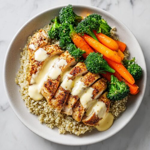 Sliced, seasoned chicken breast drizzled with sauce, served over quinoa with steamed carrots and broccoli for a High Protein Summer Chicken Dinner.