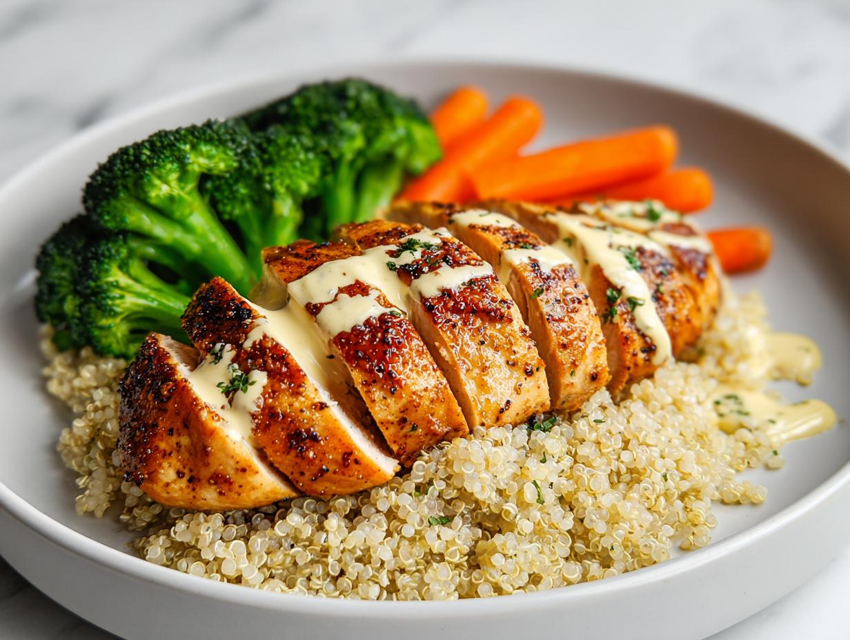 Sliced, seasoned chicken breast drizzled with sauce, served over quinoa with steamed broccoli and carrots for a High Protein Summer Chicken Dinner.