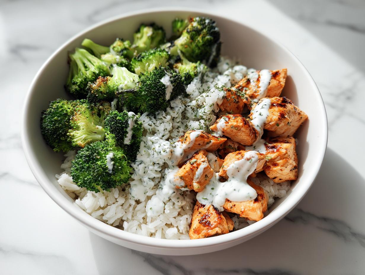 A bowl featuring grilled chicken, roasted broccoli, rice, and a creamy herb dressing, perfect for High Protein Summer Meal Prep.