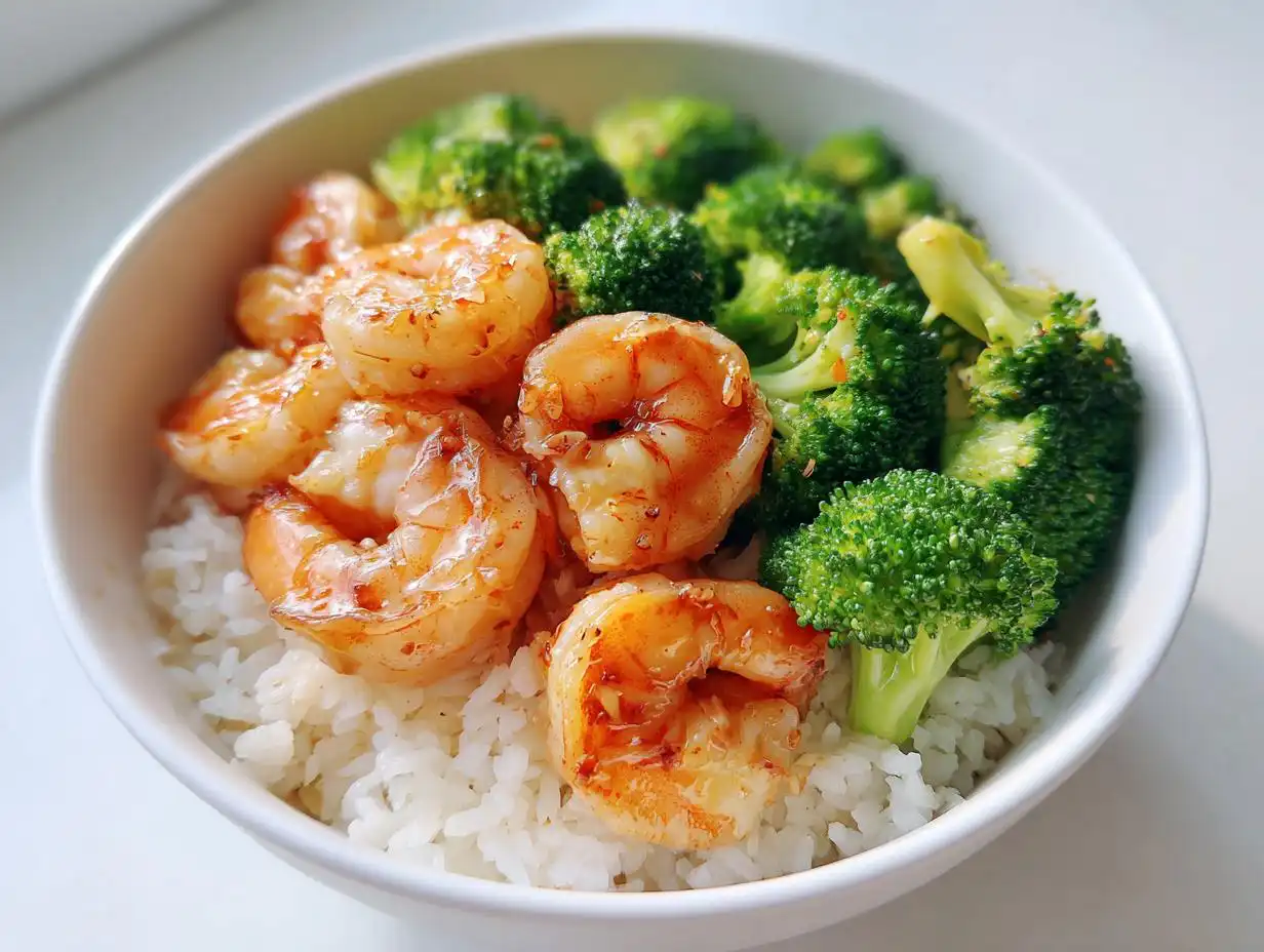 Close-up of a High Protein Summer Shrimp Bowl featuring glazed shrimp, bright green broccoli florets, and white rice in a bowl.