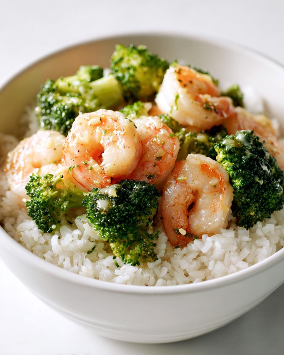 Close-up of a white bowl filled with white rice, topped with seasoned shrimp and bright green steamed broccoli florets for a High Protein Summer Shrimp Bowl.