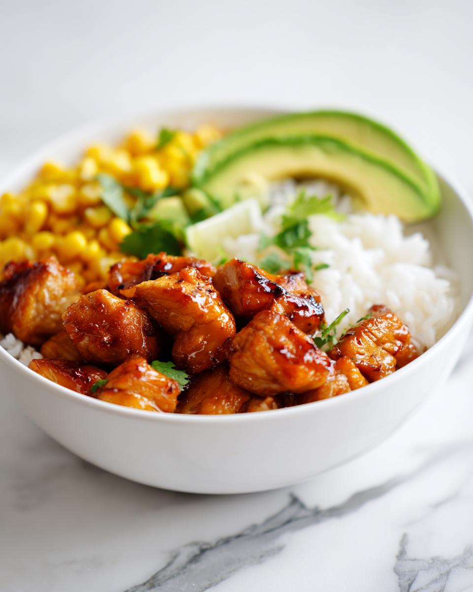 Close-up of a white bowl filled with Honey Lime Chicken Summer Bowl ingredients: glazed chicken, white rice, corn, and avocado slices.