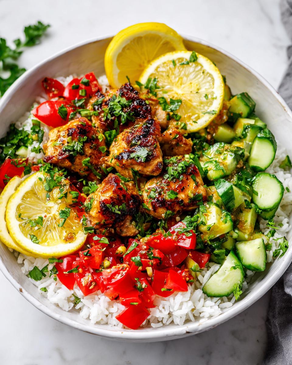 A close-up of a vibrant Lemon Chicken Summer Bowl featuring grilled chicken pieces over white rice, topped with diced tomatoes, cucumbers, and lemon slices.