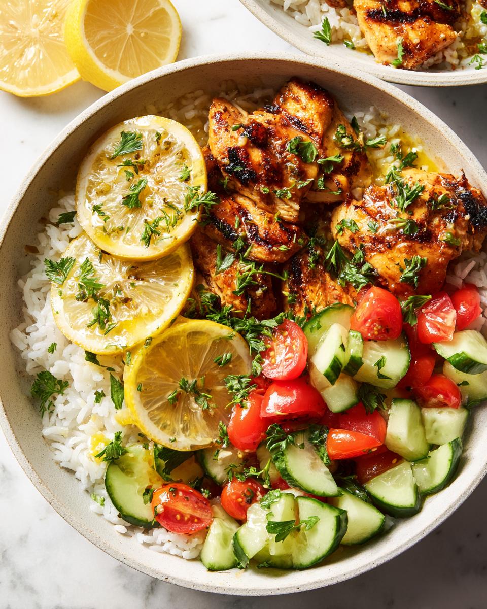 A vibrant Lemon Chicken Summer Bowl featuring grilled chicken, white rice, cucumber, tomatoes, and lemon slices.