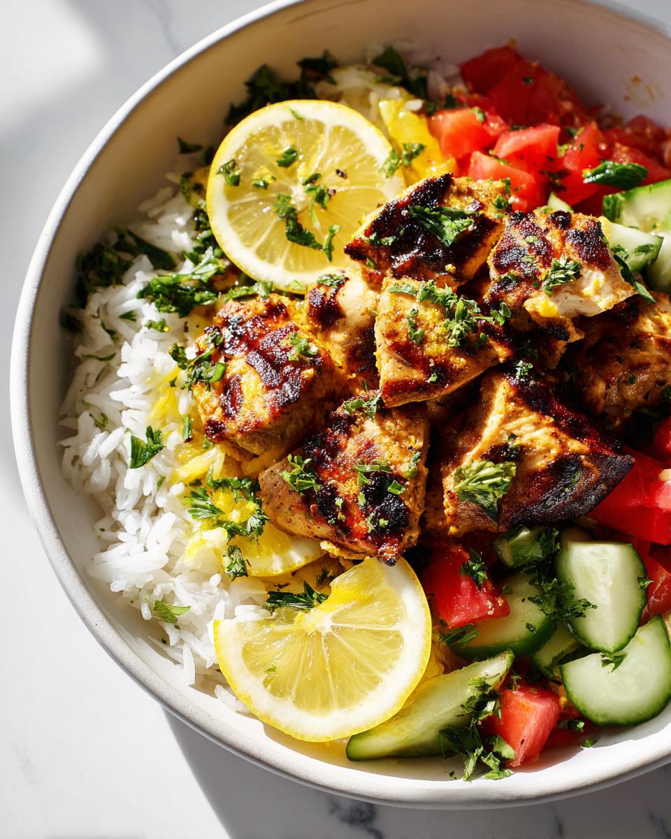 Close-up of a Lemon Chicken Summer Bowl featuring grilled chicken pieces over white rice, topped with fresh lemon slices, cucumbers, and tomatoes.