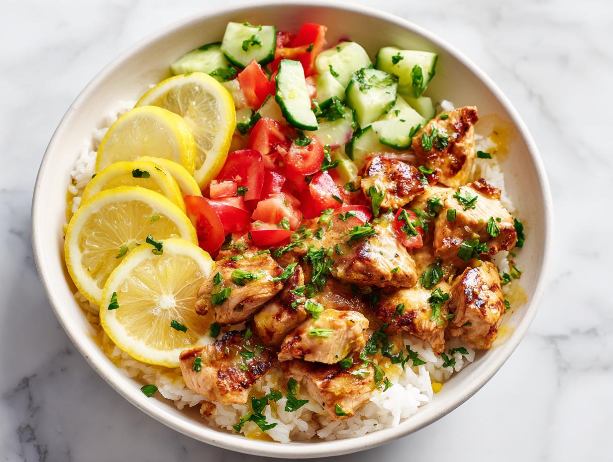 Close-up overhead view of a Lemon Chicken Summer Bowl served over white rice with fresh lemon slices, chopped tomatoes, and cucumbers.