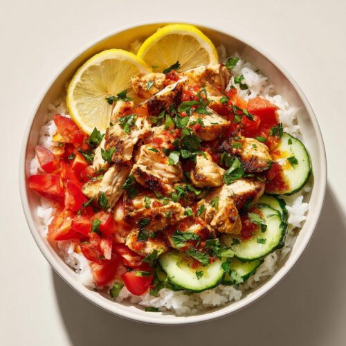 Overhead view of a Lemon Chicken Summer Bowl featuring grilled chicken, white rice, sliced cucumbers, diced tomatoes, and lemon wedges.